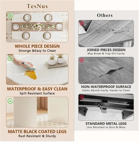 Vista 6 de TesNus Mesa de comedor blanca de 67 pulgadas para 6, moderna mesa de cocina ovalada con esquinas redondeadas, parte superior de mármol sintético