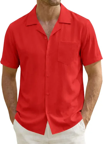 Vista 4 de ZEROYAA Camisas de manga corta con botones y ajuste regular para hombre Rojo llama