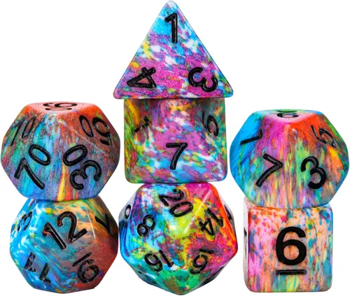 Vista 36 de Juego de dados de resina para DND, juego de 7 dados poliédricos negros D&D rellenos con papel de colores brillantes para juegos de rol