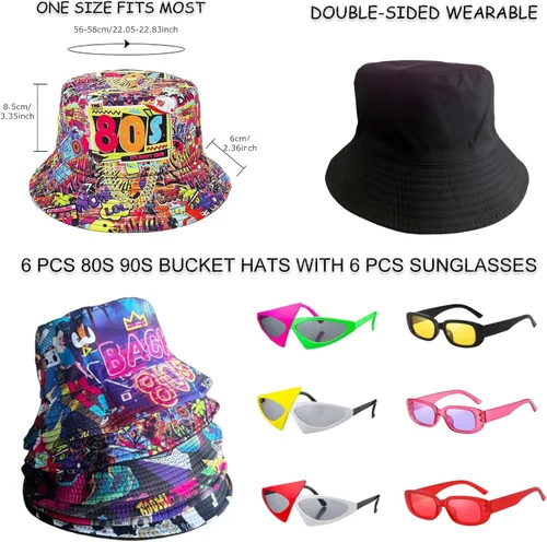 Vista 2 de Paquete de 12 sombreros retro de los años 80 y 90 con lentes de sol neón, divertido juego de sombreros de fiesta temática de los años 80 y 1990, kit