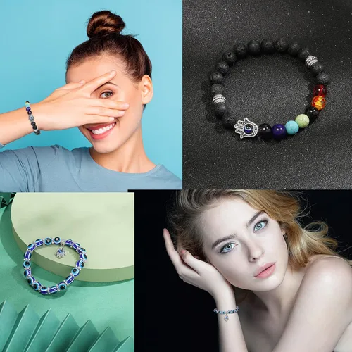 Vista 5 de 2 pulseras de mal de ojo, pulsera de mano de Fátima, pulsera de 7 chakras, pulsera elástica de cuentas contra el mal de ojo, pulsera de piedras