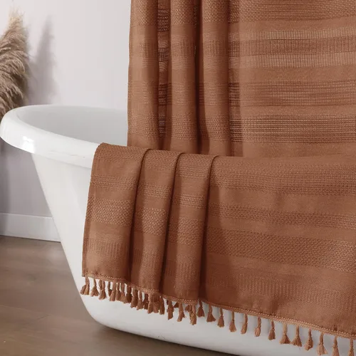 Vista 34 de OVZME Cortina de ducha bohemia negra, cortina de ducha estrecha de tela suave a rayas de lino texturizado con borla, moderna decoración de baño