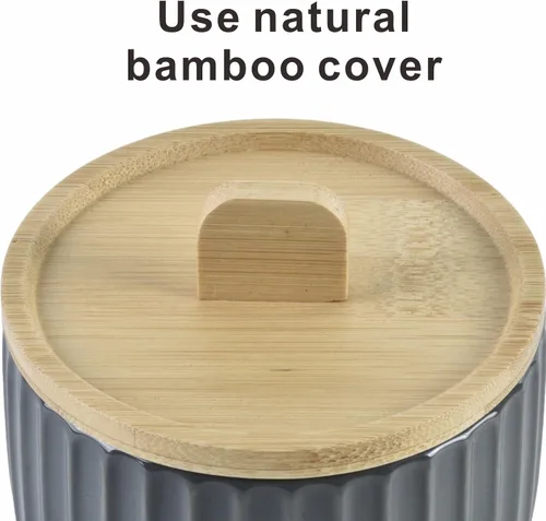 Vista 3 de Recipiente de sal con tapa de bambú, cuencos de cerámica de gran capacidad de 14 onzas, caja de pimienta, recipiente de condimentos de esmalte Negro