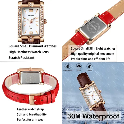 Vista 5 de SKMEI Watches for Women Fashion Retro Square Green Stone Ladies Watch Slim Light Analog Quartz Leather Wristwatches