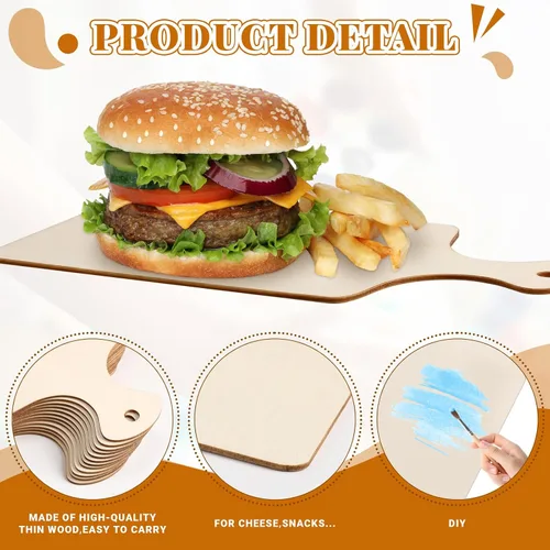 Vista 3 de Bokon 60 tablas de cortar de madera con mango para manualidades, bandeja de servir de madera sin terminar, mini tabla de servir de madera, tabla