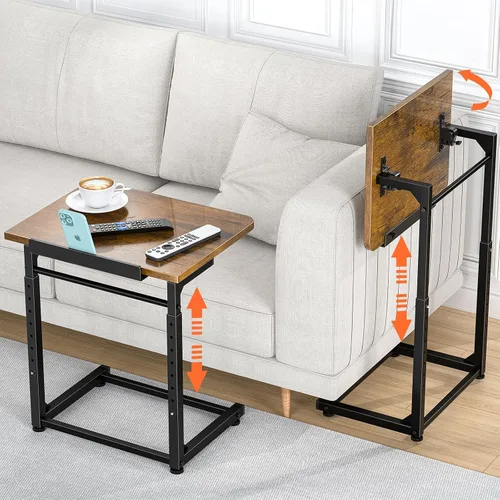 Vista 8 de Mesa para Bandeja de TV, Mesa Lateral para Sofá Ajustable en 8 Alturas, Mesa de Extremo en Forma de C con Ajuste de Ángulo de Inclinación de 90°