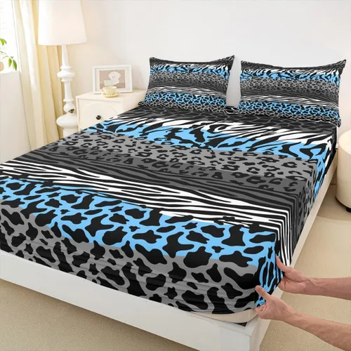 Vista 34 de Sábana bajera ajustable con estampado de leopardo, tamaño individual, juego de ropa de cama rústica con rayas de piel de cebra, decoración