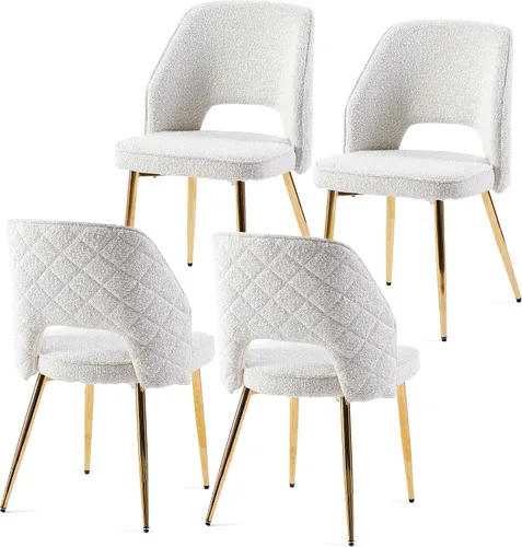 Vista 8 de NORDICANA Juego de 2 sillas de comedor modernas, sillas acentuadas tapizadas en beige bouclé con patas doradas de metal, sillas laterales