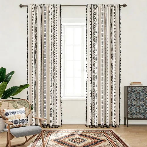 Vista 7 de Coral Fish Cenefa bohemia para ventana de cocina, cortinas geométricas para baño con patrones étnicos negros y flecos de macramé, cortina pequeña