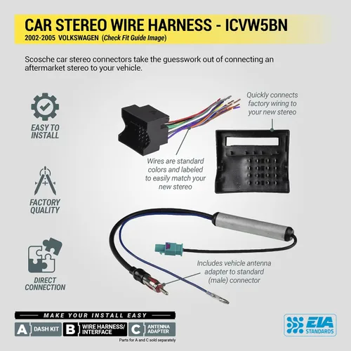 Vista 7 de Scosche ICVW5BN Kit de instalación de radio doble DIN y arnés compatible con vehículos Volkswagen no amplificados seleccionados 2002-2005 - Kit