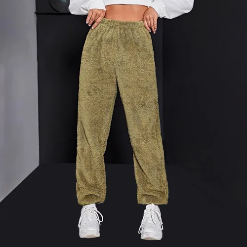 Vista 3 de Pantalones deportivos de vellón para mujer, cálidos, suaves, para el hogar, con cordón, cómodos, para yoga, esponjosos