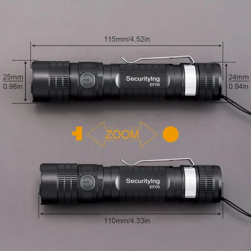 Vista 2 de SecurityIng EF05 Linterna magnética EDC recargable USB-C, 887 lúmenes, 5 modos de zoom, IPX-6 resistente al agua, mini linterna LED con clip, cable