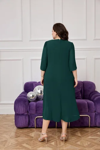 Vista 2 de Hanna Nikole Vestido de cóctel de gasa para mujer, talla grande, con volantes, manga 34, vestidos de fiesta de invitados de boda con dobladillo alto
