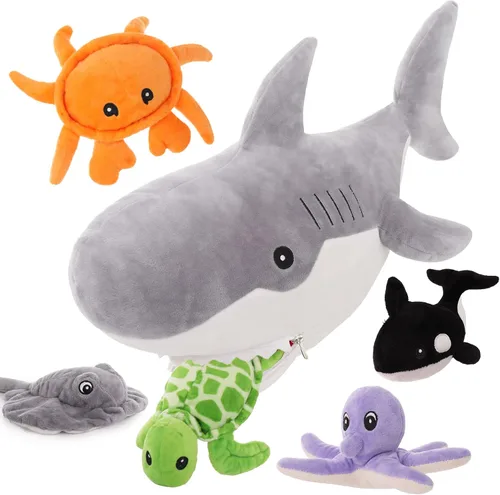 Vista 18 de Muiteiur Triceratops - Animal de peluche gigante de dinosaurio para mamá con 3 bebés pequeños, juguete de dinosaurio de felpa suave verde, regalo