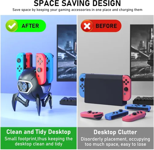 Vista 5 de Joy-Con - Base de carga para Nintendo Switch con adaptador de CA y cable USB-C, estación de carga Joy-Cons de bolas de nieve Paobas con indicador LED