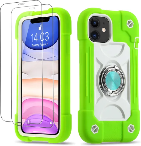 Vista 88 de Funda para iPhone 11 de 6.1 pulgadas con soporte de anillo, con 2 protectores de pantalla de vidrio, resistente a los golpes, resistente a