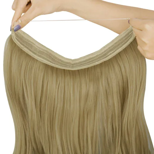 Vista 5 de Extensión de cabello rubio ceniza, diadema ajustable de alambre transparente, ondulado, rizado, sintético, postizo de 18 pulgadas, 4.2 onzas
