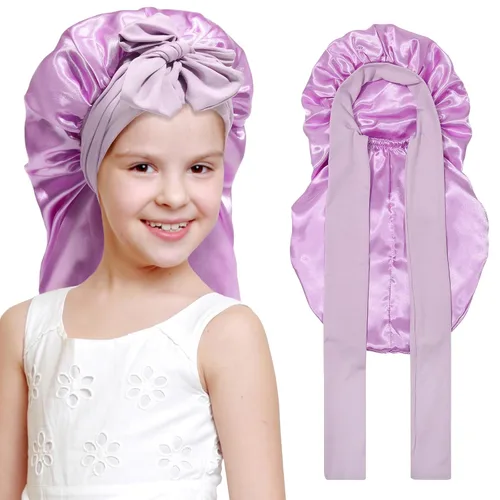 Vista 21 de Gorro de pelo largo para niños para dormir - Gorro de satén elástico de doble capa para niñas con banda de amarre para cabello trenzado y rizado