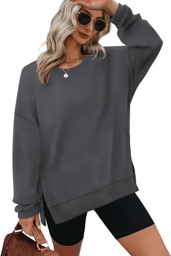 Vista 16 de XIEERDUO Sudaderas de gran tamaño para mujer, estilo casual, cuello redondo, manga larga, cómodas 01-Negro