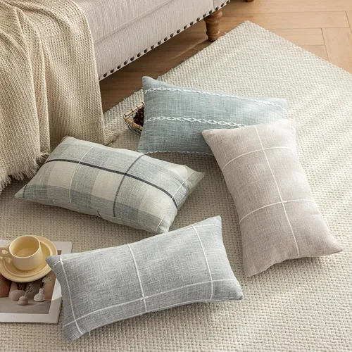 Vista 4 de vctops Funda de Almohada Decorativa de Algodón y Lino con Celosía Rústica Funda de Cojín Lumbar con Bordado Funda de Almohada para Sofá Dormitorio
