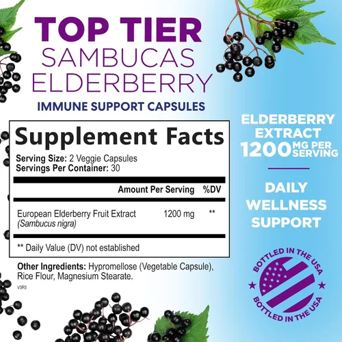 Vista 2 de Extracto de fruta de saúco europeo de 1200 mg por porción cápsulas – Sambucus apoyo inmunológico con extracto concentrado de saúco negro de sambucus