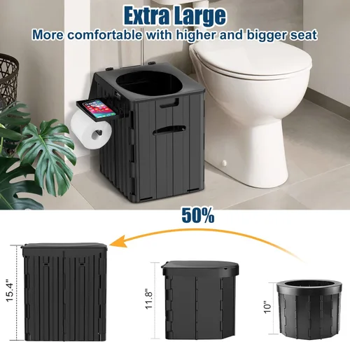 Vista 2 de Inodoro portátil XL para adultos, extra grande de 15.4"H plegable para acampar con estante desmontable para teléfono y soporte para papel