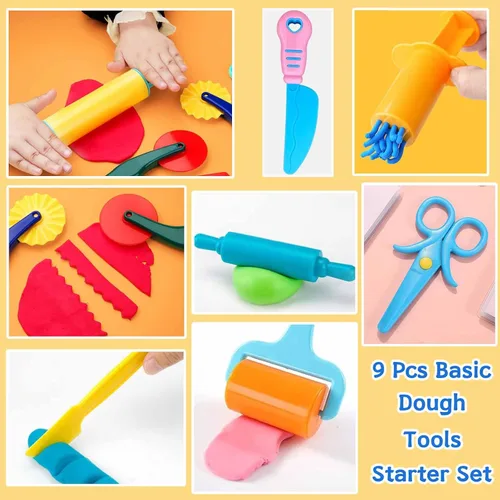 Vista 3 de Kit de herramientas de masa, 9 piezas básicas de arcilla y masa para niños, incluye rodillo, rodillos, tijeras de seguridad, extrusora de masa