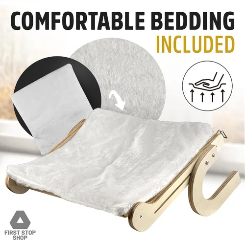 Vista 2 de Percha para ventana de gato con ropa de cama cómoda - Percha para gatos para ventana y pared - Hamaca de madera para ventana de gato fácil