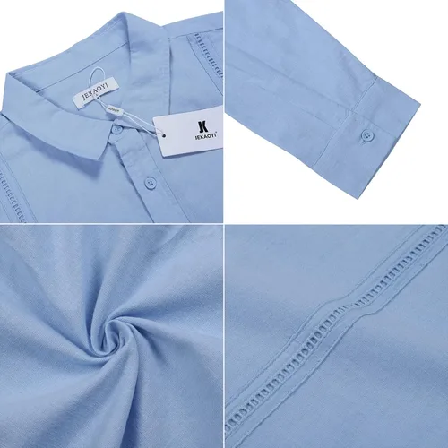 Vista 5 de Camisas de lino con botones para hombre, estilo casual, manga larga, ajuste regular, de algodón, con bolsillo