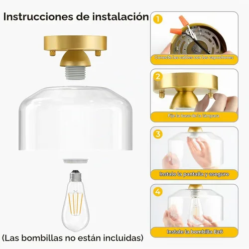 Vista 6 de Lámpara de techo semiempotrada dorada cepillada, pantalla colgante de vidrio transparente, lámpara moderna de granja para pasillo, pasillo, cocina
