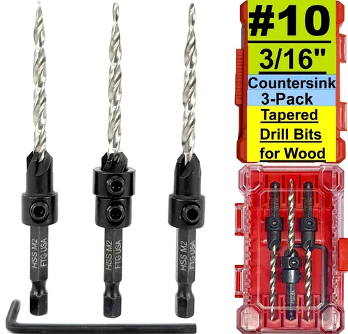 Vista 31 de FTG USA Juego de 3 brocas avellanadoras ajustables para madera #4 (7/64 pulgadas) con broca cónica para carpintería