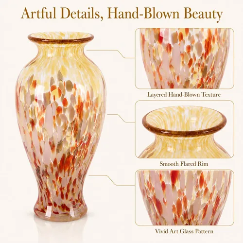 Vista 7 de Jarrón de vidrio soplado a mano de 11.8 pulgadas de alto, hermoso jarrón de boca ancha para centro de mesa, floreros pintados de vidrio de Murano