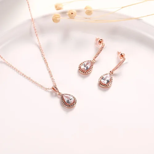 Vista 2 de Vinjewelry Juego de collar y aretes de circonita cúbica chapados en oro rosa blanco de 14 quilates, joyería de boda para novia, Metal, otro