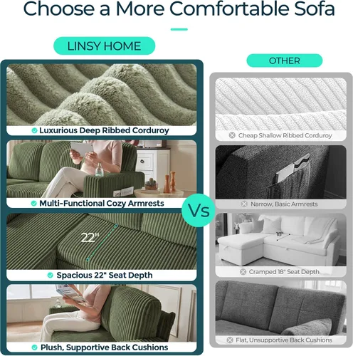 Vista 4 de LINSY HOME - Sofá seccional cama extraíble para sala de estar, sofá en forma de L de corduroy mullido con almacenamiento y carga USB, sofá seccional