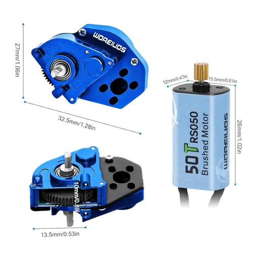 Vista 4 de Motor RC 050 50T Motor cepillado con caja de cambios de transmisión de aleación de aluminio para Axial SCX24 AXI00002 AXI00001 AXI90081 AXI00006 Azul
