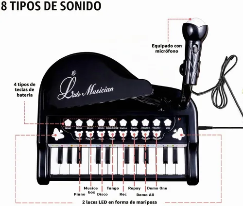Vista 2 de Piano de juguete de 24 teclas para niños, instrumento musical elctrónico educativo con micrófono Negro