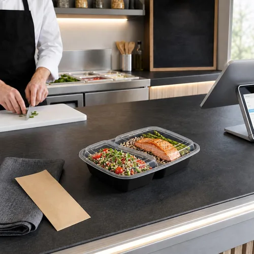 Vista 4 de Asporto - Cajas para llevar con compartimentos de 32 onzas, 50 recipientes para preparar comidas para microondas, 2 compartimentos, con tapas