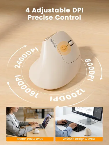 Vista 6 de SABLUTE MAM3 - Ratón ergonómico vertical inalámbrico recargable con 4 DPI ajustables para manos pequeñas/medianas, conectividad de doble dispositivo