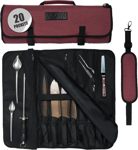 Vista 8 de Asaya Bolsa enrollable para cuchillos de chef, 20 bolsillos en total para cuchillos y utensilios de cocina, fabricada con nailon encerado resistente