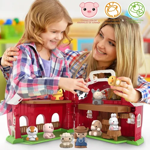 Vista 7 de Juguete de granero grande de animales de granja para niños de 1, 2 y 3 años, juguetes Montessori educativos para niños pequeños, juego de simulación