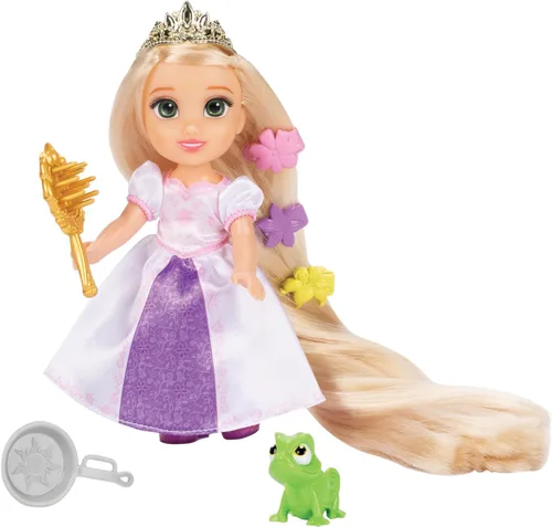 Vista 2 de Disney Princess Rapunzel Doll Muñeca Rapunzel de pelo largo Petite con Pascal, en moda de vestir púrpura y blanco
