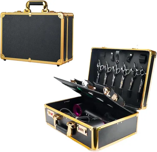 Vista 9 de Estuche de peluquero portátil para cortapelos y suministros, doble capa grande, herramientas de viaje, caja organizadora, kit de peluquería Negro