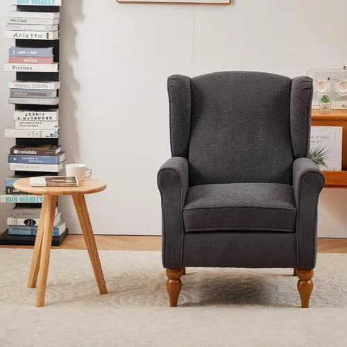 Vista 2 de Mid-Century - Silla de ala alta, moderna silla decorativa de tela con mesa auxiliar de madera maciza, sofá individual de ocio para sala de estar