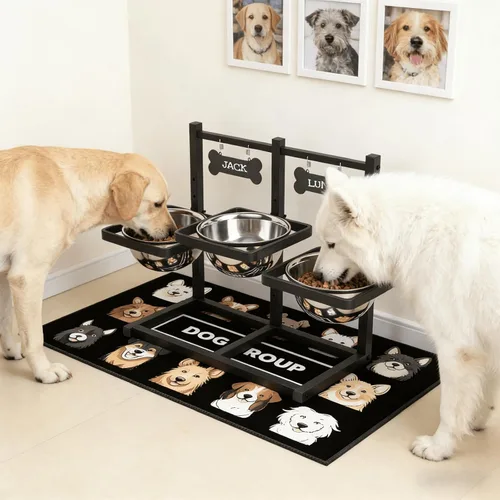 Vista 6 de Cuencos elevados para perros grandes, soporte elevado de 6 alturas ajustables con paspartú, dos tarjetas distintivas y tres cuencos de 57.5 fl oz