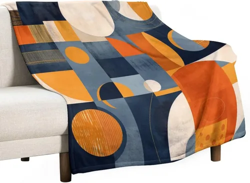 Vista 32 de Manta de franela de mediados de siglo, color azul marino, naranja quemado, estética abstracta, geométrica, acogedora, manta moderna de mediados