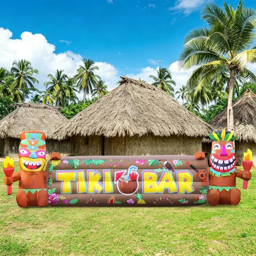 Vista 3 de DomKom Inflables Tiki Luau de 7 pies, dos inflables Tiki, hawaiano de verano tropical, decoración de fiesta, decoración de patio gigante, luces LED
