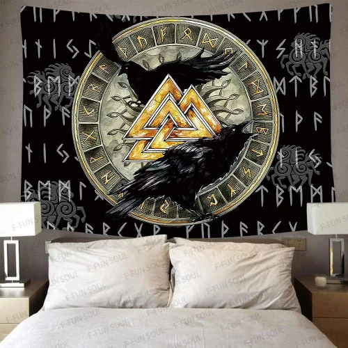 Vista 3 de F-FUN SOUL Tapiz nórdico de cuervo vikingo, 40 x 30 pulgadas, misteriosas runas de meditación vikinga, arte nórdico, tapices colgantes de pared