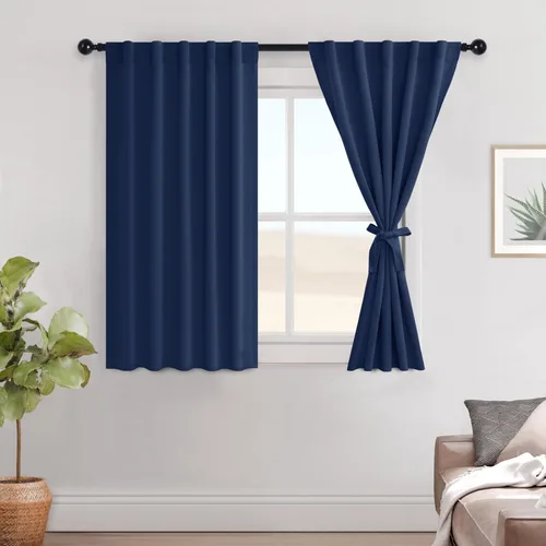 Vista 23 de Hiasan Cortinas opacas negras para dormitorio, cortinas opacas cortas de 45 pulgadas de largo, con aislamiento térmico, bolsillo para barra