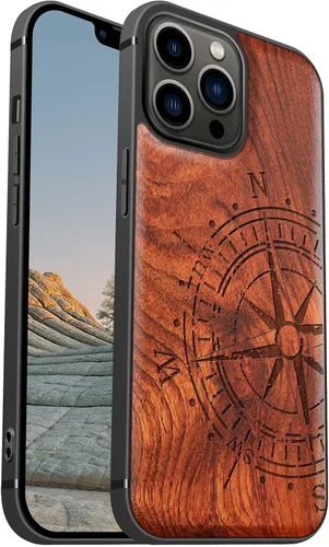 Vista 21 de Carveit Funda magnética de madera para iPhone 13 [madera real dura y TPU suave] Funda protectora híbrida de madera única y elegante a prueba