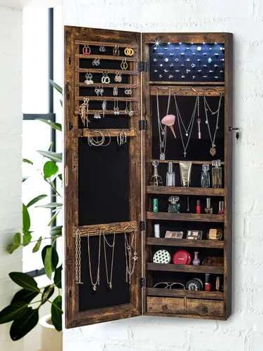 Vista 7 de YOKUKINA Armario de espejo de joyería, organizador de almacenamiento grande con luz LED, armario con cerradura para colgar en la puerta o montar
